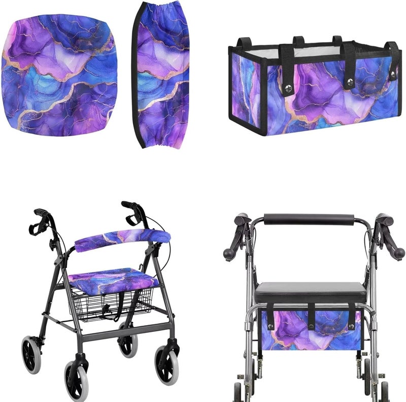 LedBack Walker Accessories Sets Wheelchair Bag for Seniors Rollator Walker Rollator Covers Purple Marble Print Walker Seat and Backrest Covers, Easy to Install - Image 1